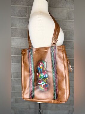 Western Embroidered Tote Bag Brown Floral Tooled Style Shoulder Purse Boho